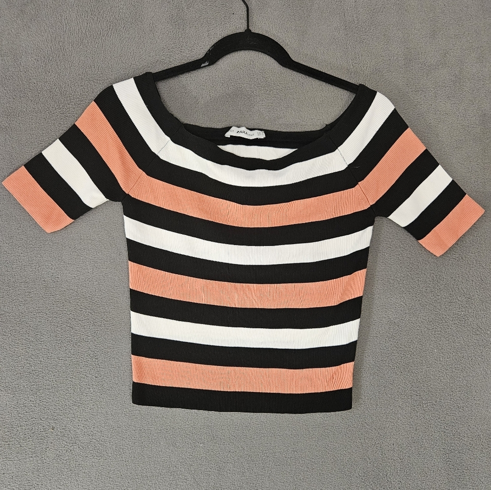 Zara Knit Womens Small Boatneck Crop Sweater Pink Striped 3/4 Sleeve Ribbed Y2K